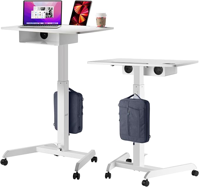 AVLT 44" Height Adjustable Foot Pedal Rolling Desk with Shelf White | 3 ft 8 inches - Pneumatic Laptop Standing Desk Cart - Mobile Laptop Cart Computer Projector Cart with Brake Casters