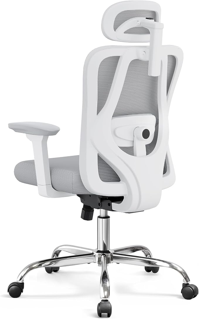 DEVAISE Ergonomic Mesh Office Chair with Adjustable 3D Headrest and Tilt Function, Big and Tall Reclining Comfy Home Computer Desk Chair with Lumbar Support and 3D Armrests, White
