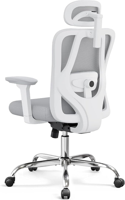 DEVAISE Ergonomic Mesh Office Chair with Adjustable 3D Headrest and Tilt Function, Big and Tall Reclining Comfy Home Computer Desk Chair with Lumbar Support and 3D Armrests, White