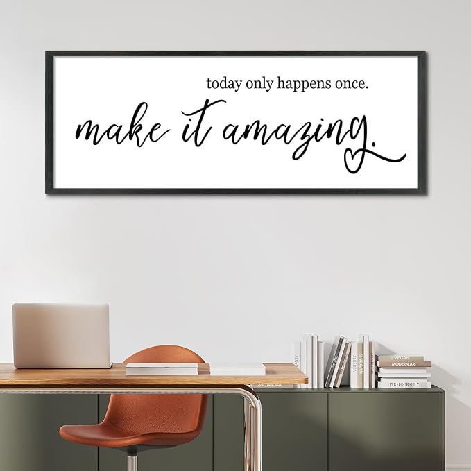 YWJKWLGS Inspirational Quotes Wall Decor Today Only Happens Once Make It Amazing Signs Wall Art 32x12 Inch Large Motivational plaque for Home office kitchen Bedroom Wood Framed Hanging (Black)
