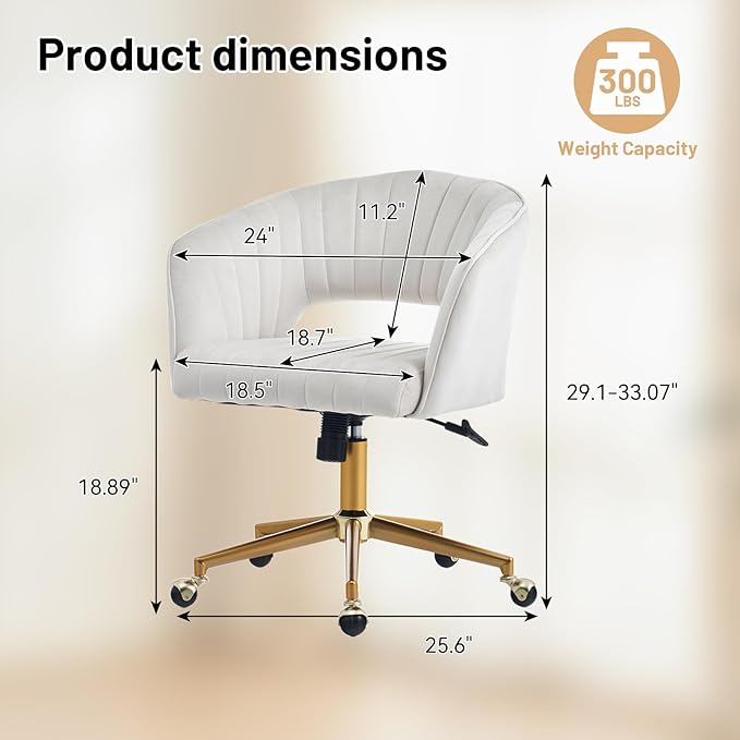 Home Office Desk Chair, Vanity Chair with Back 360 Swivel Armchair and Gold Base, Velvet Criss Cross Chair with Wheels for Vanity Home Office, Living Room, Bedroom and Study (Beige)