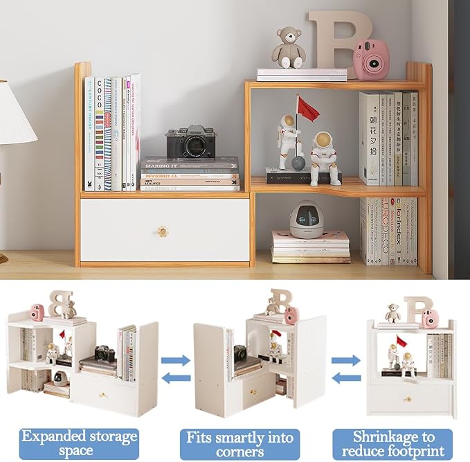 WWEENUO Expandable Desktop Bookshelf, Freestyle Adjustable Display Desk Shelf Counter Storage Rack Top Bookcase for Office & Home (Cherry Wood)