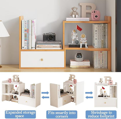 WWEENUO Expandable Desktop Bookshelf, Freestyle Adjustable Display Desk Shelf Counter Storage Rack Top Bookcase for Office & Home (Cherry Wood)