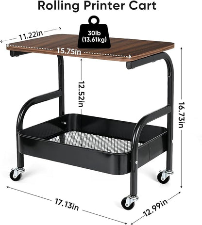 Rolling Printer Stand with Wheels 2 Tier Under Desk Printer Table with Storage, Mobile Small Short Rolling Cart for Home Office Pantry Organization, Black