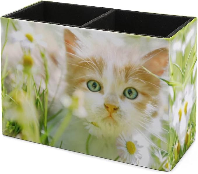 Niapessel Pencil Holder for Desk, Cute Little Cat Pen Holder Storage Desktop Pen Organizer Desk Pencil Organizer Makeup Brush Holder for Office School College Leather
