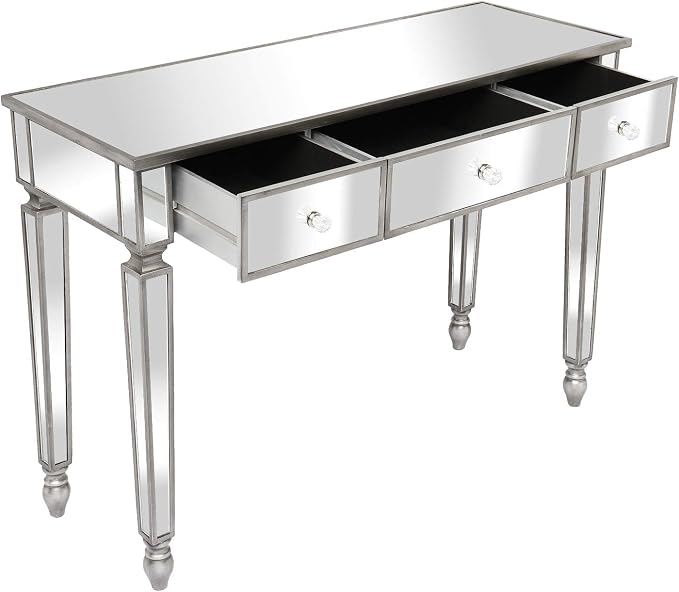 Henf Mirrored Console Table, Modern Makeup Vanity Desk Dressing Table with 3 Drawers, Contemporary Vanity Sofa Side Table Occasional Entry Table for Entryway/Living Room/Bedroom, Antique Silver