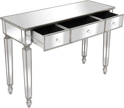Henf Mirrored Console Table, Modern Makeup Vanity Desk Dressing Table with 3 Drawers, Contemporary Vanity Sofa Side Table Occasional Entry Table for Entryway/Living Room/Bedroom, Antique Silver