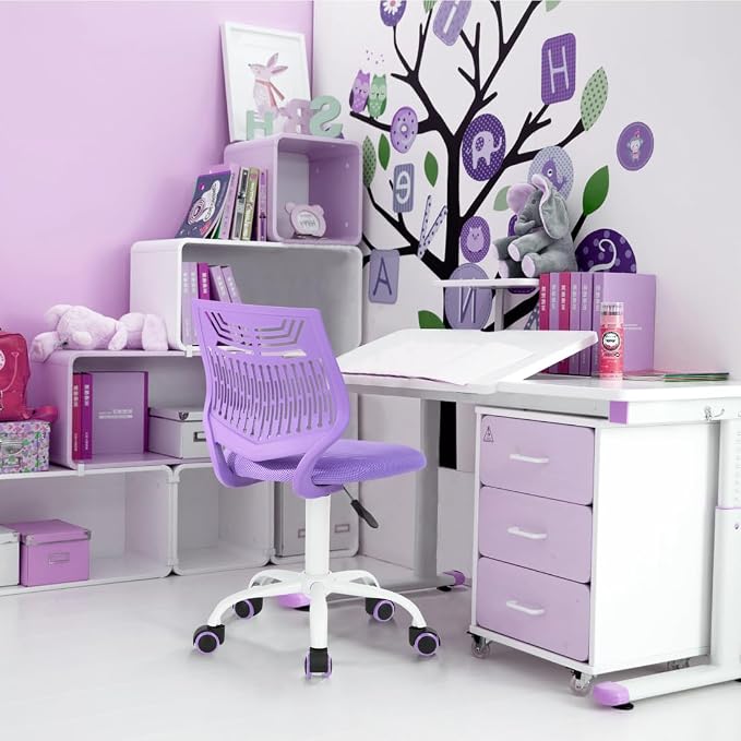 FurnitureR Study Desk Chair Armless, Small Home Office Study Task Chair Adjustable Swivel Low Back with Rolling Wheels for Kids Children Teens Women, Orchid Purple