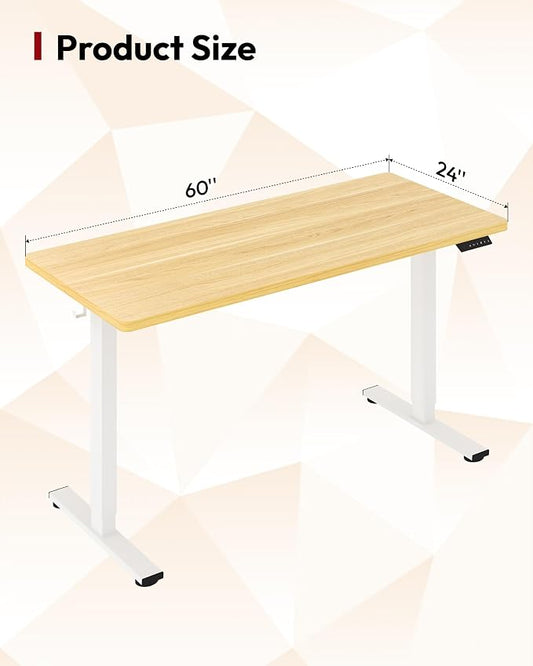 SANODESK Electric Standing Desk 60 x 24 Inches Whole-Piece Desktop Height Adjustable Stand Up Desk w/6-Button Controller Ergonomic Computer Desk for Home Office, White Frame + Natural Tabletop