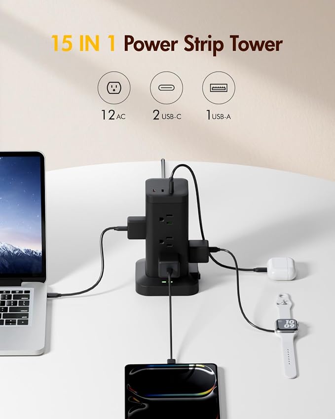 2Pack Power Strip Tower with Surge Protector 1800J, Fast Charging Tower PD20W USB-C Ports with 12 AC Outlets, 10ft Extension Cord for Home Office Dorm Room, Black