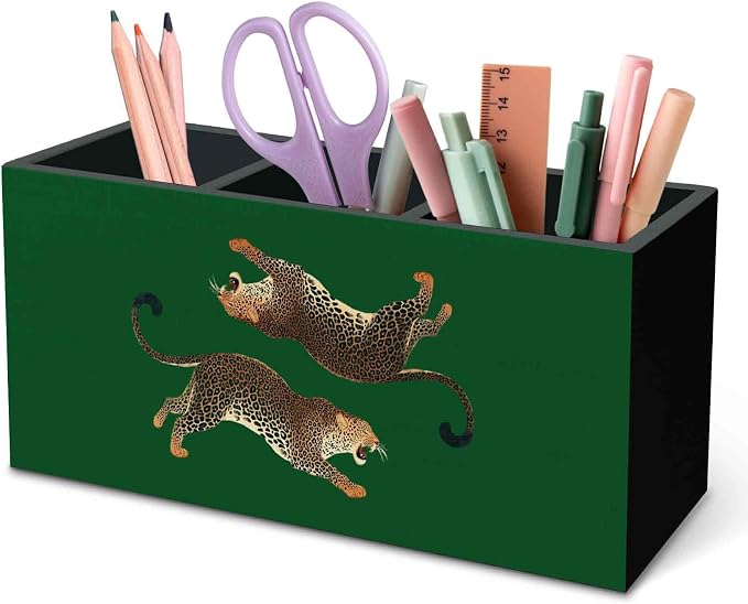 DILSJ Trendy Vintage Leopard Pen Pencil Holder Organizer for Desk, Cheetah Room Decor, Green Cheetah Print Desk Wooden Box Signs for Women Bedroom Tabletop Decoration Office & School Supplies