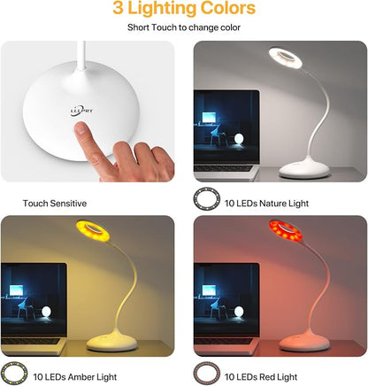 Rechargeable Desk Lamp Cordless with 3 Color Modes, Touch Control 30 LEDs Table Lamp, Stepless Dimming Reading Light, 360° Flexible, Portable Eye-Caring Sleep Aid for Dorm Study Office Bedroom