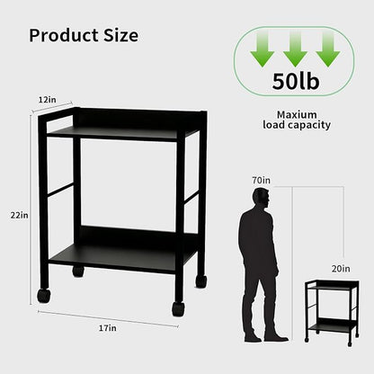 Small Printer Stand with Storage, 2-Tier Minimalist Printer Table, Rolling Cart for Home Office, Fits Small Desktop Printers, Scanner, Fax Machine.Size:17 "L × 12" W × 22" H,Black