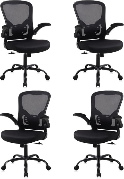 Flysky Mesh Office Chair, Ergonomic Computer Desk Chairs for Home Office - with Comfy/Comfortable Flip-up Arm Rests, Lumbar Support, Height Adjustable, 360 Degree Rolling Swivel (Black, 4 Pack)