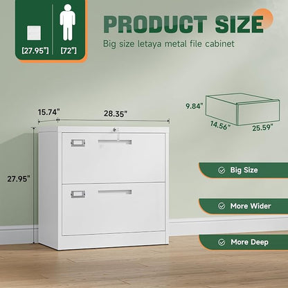 Letaya 2 Drawer File Cabinet with Lock,Metal Lateral Filing Cabinet for Home Office,Hanging Letter/Legal/A4 Size (White, H27.95×W28.35×D15.74)