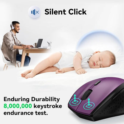 TECKNET Wireless Mouse, 2.4G USB Computer Mouse with 6-Level Adjustable 4800 DPI, 30 Months Battery, Ergonomic Grips, 6 Buttons Portable for PC, Chromebook, Mac - Purple