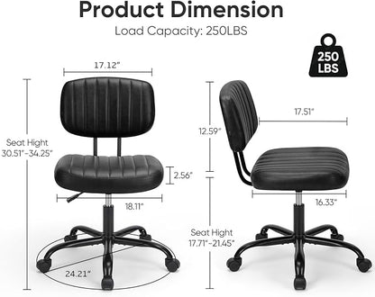 DUMOS Small Office Desk Chair - Armless PU Leather with Comfy Lumbar Support, Height Adjustable Rolling Swivel Task for No Arms, for Adult, Student, Bedroom, Home, Vanity, Black