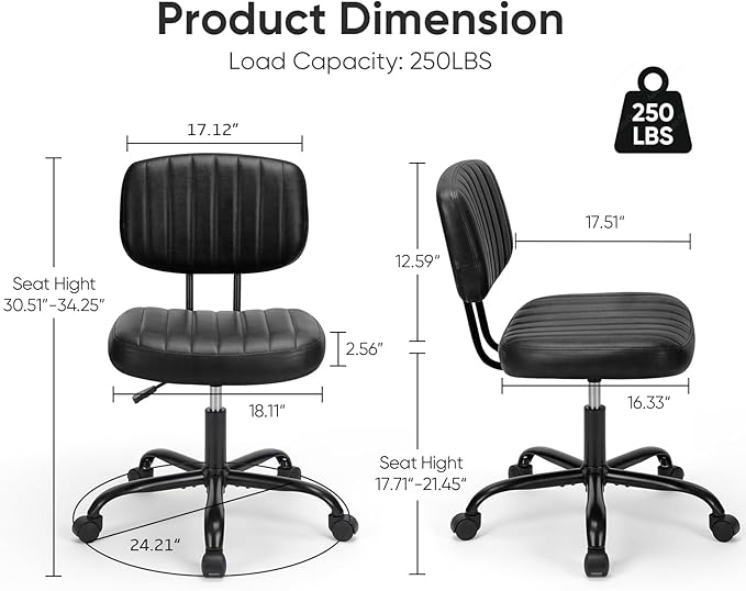 DUMOS Small Armless Home Desk Chair with Low Back Lumbar Support, Height Adjustable PU Leather Computer Task Chair with 360° Swivel Wheels, for Small Space, Adults, New Black