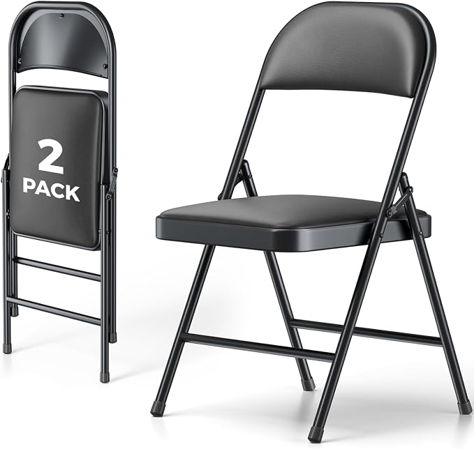 2 Pack Folding Chairs, PU Leather Folding Dining Chairs with Padded Cushion Seat & Back, Indoor Outdoor Folding Chair Set for Home Office, Parties, Events, Wedding, Extra Guest Seating