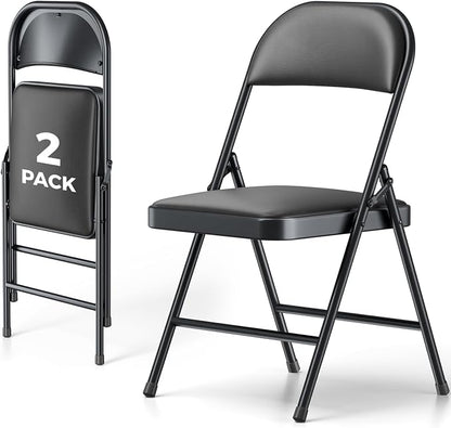 2 Pack Folding Chairs, PU Leather Folding Dining Chairs with Padded Cushion Seat & Back, Indoor Outdoor Folding Chair Set for Home Office, Parties, Events, Wedding, Extra Guest Seating