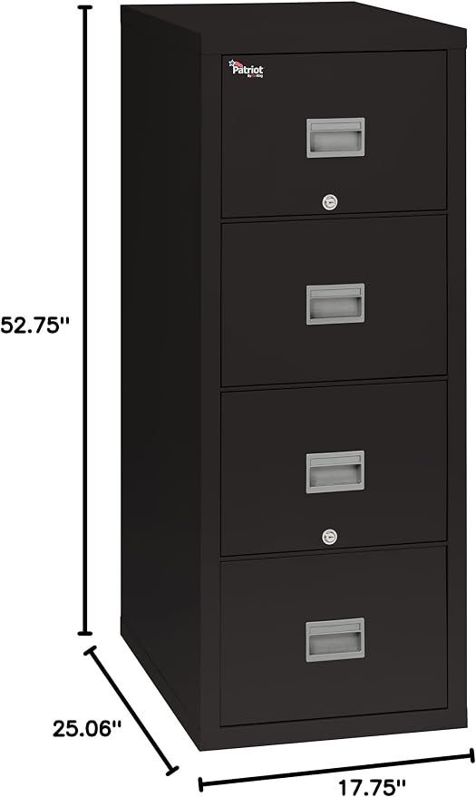 FireKing Patriot Vertical 4 Drawer Legal & Letter Fire Safe File Cabinet, Key Lock, 1 Hour Fire Rated UL Rated & Water Resistant, USA Made, Black