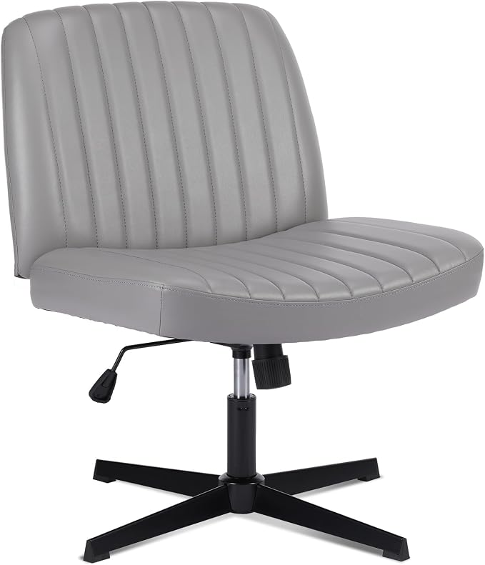 OLIXIS Criss Cross Legged Chairs Armless No Wheels Wide Seat Height Adjustable Swivel Padded PU Leather Home Office Desk Chair for Bedroom, Student, Study Room,Grey