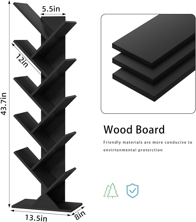 SHEEPAM 10 Tier Tree Book Shelf, Floor Standing Wood Bookshelf for Narrow Space, Storage Organizer Bookshelves for Books/CDs/Magazine, Bookcase with Shelves for Home Office, Living Room - Black