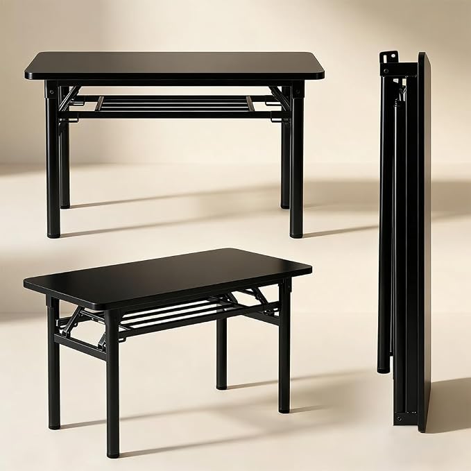 Folding Desk for Small Spaces, 31.5 Inch Foldable Computer Desk, No Assembly Required, Space Saving Portable Study Table for Compact Home Office, Bedroom, Dorm, Apartment, Black