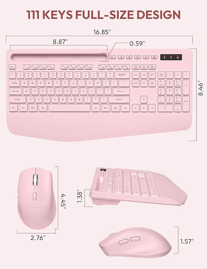 Wireless Keyboard and Mouse, Wrist Rest, Phone Holder, Batteries Included, 2.4G Lag-Free Ergonomic Keyboards Mouse Combo, KM23D Silent Keyboards Set for Computer, Laptop, PC, Windows, Pink -SABLUTE