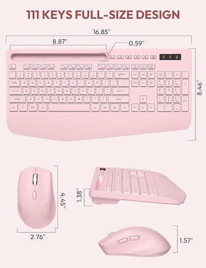Wireless Keyboard and Mouse, Wrist Rest, Phone Holder, Batteries Included, 2.4G Lag-Free Ergonomic Keyboards Mouse Combo, KM23D Silent Keyboards Set for Computer, Laptop, PC, Windows, Pink -SABLUTE