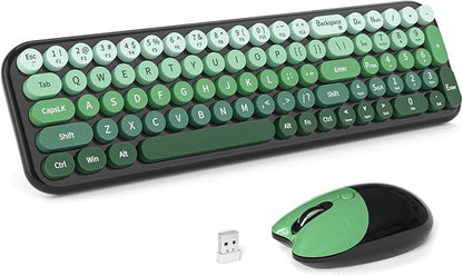 MOFII Wireless Keyboard and Mouse Combo, Compact Typewriter Retro Round Computer Keyboard and Mouse Set, Plug and Play, for Windows, Computer, Desktop, PC, Notebook - Black Green Gradient