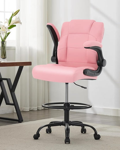Ergonomic Drafting Chair,Tall Office Chair for Standing Desk with Flip-Up Armrests,Adjustable Foot Ring & Height, High Leather Executive Office Chair for Home,Drawing or Counter Height Use