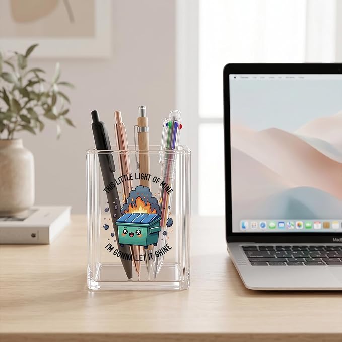 Funny Dumpster Fire Pen Holder for Desk - Response Team & This Little Light of Mine - Clear Acrylic Makeup Brush Holder, Sarcastic Office Decor, Relatable Coworker Gag Gift for Women Men Boss