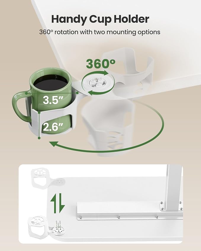Marsail 32×16″ Overbed Table with Hidden Wheels, Pneumatic Adjustable Bedside Table, Mobile Rolling Table with 360° Hideable Cup Holder, White