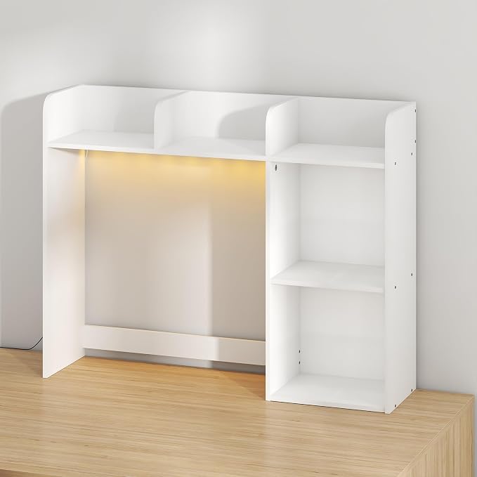 Furinno Classic Desk Shelf with LED Lights, 5-Shelf Hutch, White | LED Desktop Book Shelf, Desk Organzier, for Office Supplies, Office Desk Accessories