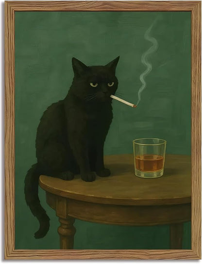 Moody Black Cat Canvas Wall Art 12x16 in Funny Smoking Cat with Whiskey Wall Decor Vintage Whimsical Animal Painting Dark Humor for Bar Cart Kitchen Living Room Wood Framed