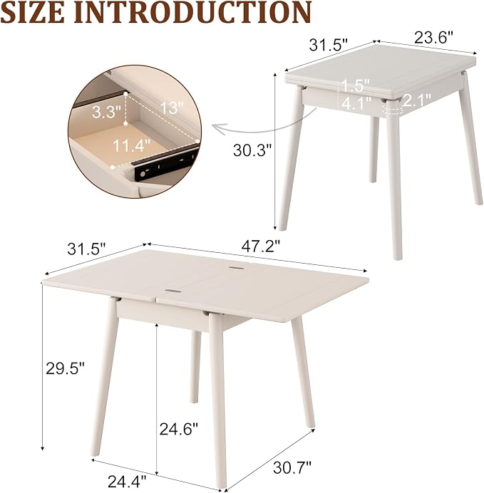Solid Wood Small Dining Table for 2-6, 23.6"L-47.2"L Expandable Kitchen Table, Designed for Small Spaces, Easy Assembly, Suitable for Kitchen, Dining Room, Living Room, Apartment (White)