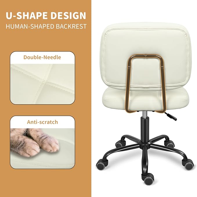 ERGOSEAT Armless Office Chair with Wheels, Small Desk Drafting Chair for Small Space, PU Leather Computer Task Chair, Height Adjustable Rolling Chair, Compact Chair for Home Office, Dorm, Vanity,White