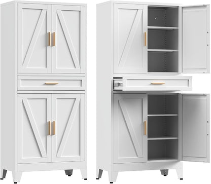 Metal Storage Cabinets with Drawer, 71" Filing Cabinet with 4 Adjustable Shelves & 4 Doors, Modern Abstract Rhombus Geometric Design File Cabinet for Home,Office,Garage,Shop,School, White