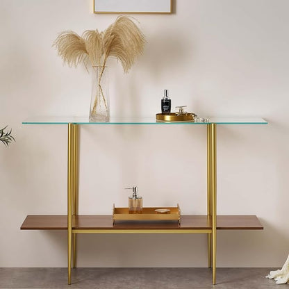 LumFurn Extra Large Glass Console Table for Living Room, Foyer & Entrance, L47 x W16 x H31, Mid-Century Modern Sofa Table with Clear Glass Top, Walnut Finish Wood Top and Gold Finish Metal Frame