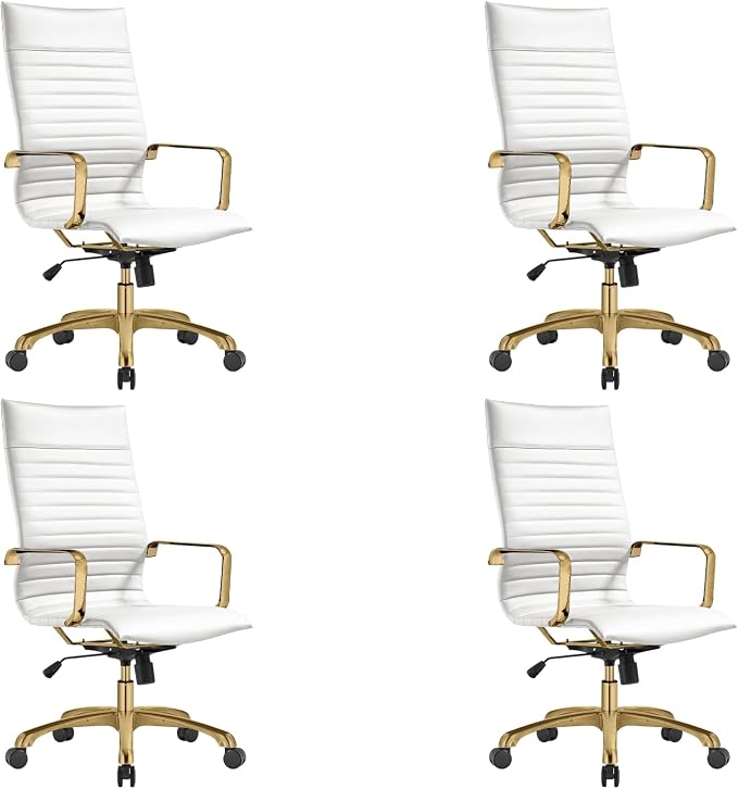 LeisureMod Harris High-Back Task Office Chair - Modern Leather Upholstery with Gold Frame, Ribbed Design 360 Degree Adjustable Swivel for Home, Office, and Study Room