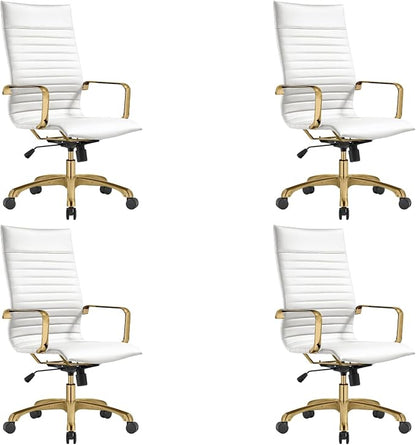 LeisureMod Harris High-Back Task Office Chair - Modern Leather Upholstery with Gold Frame, Ribbed Design 360 Degree Adjustable Swivel for Home, Office, and Study Room