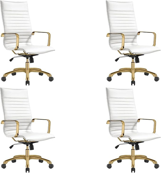 LeisureMod Harris High-Back Task Office Chair - Modern Leather Upholstery with Gold Frame, Ribbed Design 360 Degree Adjustable Swivel for Home, Office, and Study Room