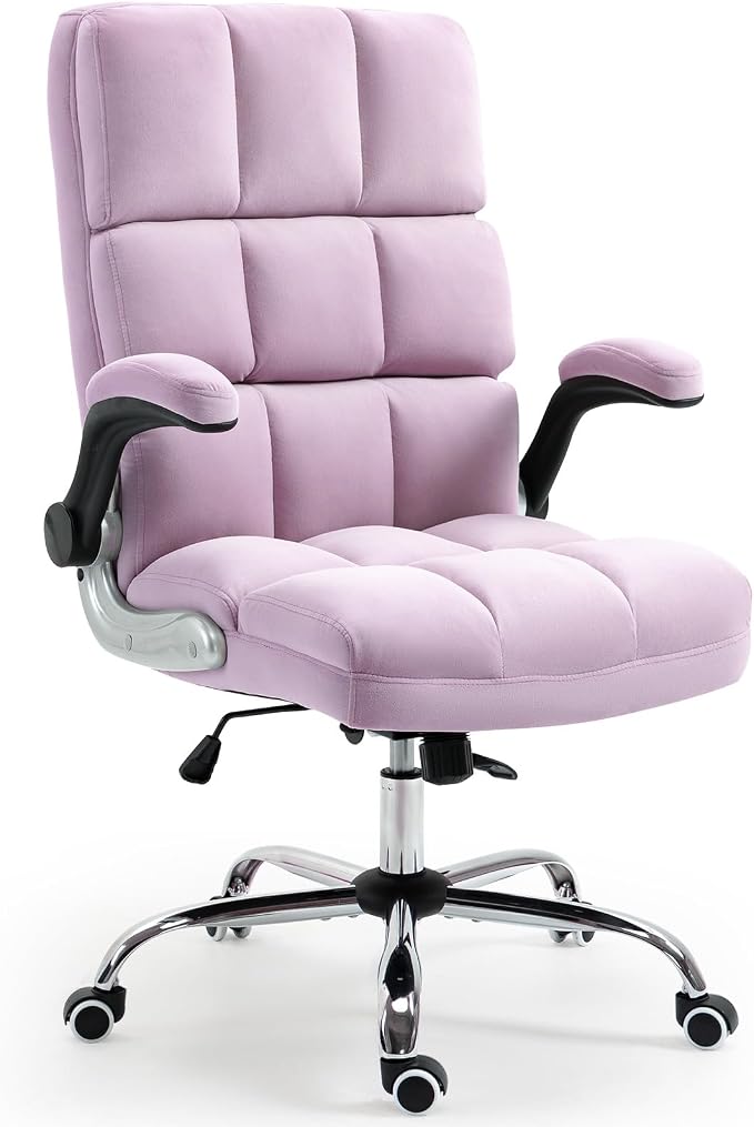 ECOTOUGE Executive Office Chair, Velvet Ergonomic Comfy Desk Chair, High Back Computer Chair with Adjustable Tilt Angle and Flip-up Arms (Violet, Without Footrest)