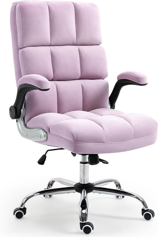 ECOTOUGE Executive Office Chair, Velvet Ergonomic Comfy Desk Chair, High Back Computer Chair with Adjustable Tilt Angle and Flip-up Arms (Violet, Without Footrest)