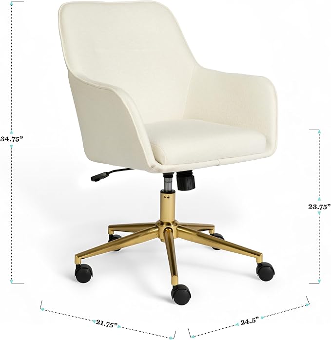 Martha Stewart Rayna Swivel Task Chair with Flared Arms for Home Office in Off White Fabric with Polished Brass Frame