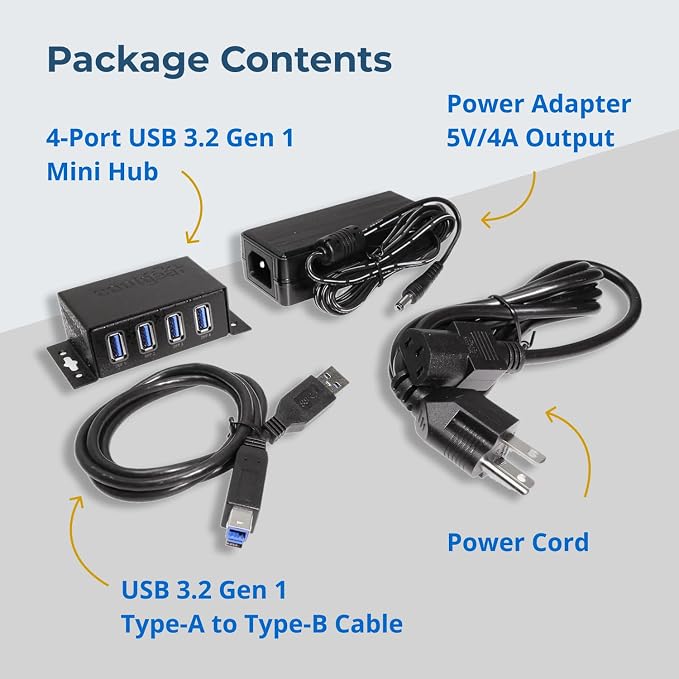Coolgear 3.2 Gen 1 USB Hub - 4 Port USB Hub with 5Gbps Data Transfers, Mountable Metal Housing, 5V Power Adapter, ESD Surge Protection, Bus or Self Powered