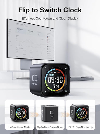 TK3 Pomodoro Timer Cube, Desk Productivity Timer with 5/10/30/60 Min Presets, Custom Countdown, Stopwatch, Clock, 3 Alarm, Silent, Vibrate & Sound Alert, for Task, ADHD, Study, Kitchen, Black