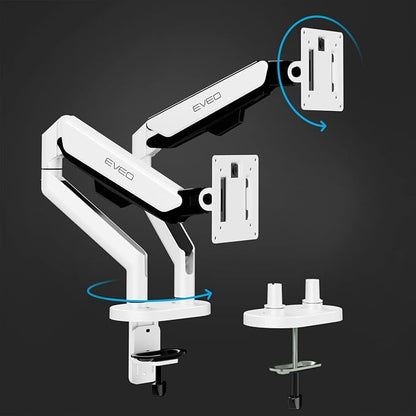 EVEO Premium Dual Monitor Mount 14"-35” Dual Monitor Arm VESA Bracket Adjustable Height Gas Spring Dual Monitor Stand, Screen Full Motion Dual Monitor Arm-Computer Monitor Stand for 2 Screens - White