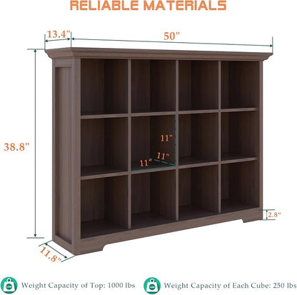 OSCHF Cube Shelf Bookcase with Base - Wooden 3 Tiers Floor Standing Low Storage Cabinet for Home and Office, 12-Cube Lattice Bookshelf, Walnut